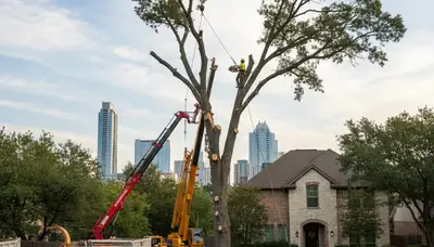 Professional arborists performing safe tree removal with cranes at a residential property in Austin, TX