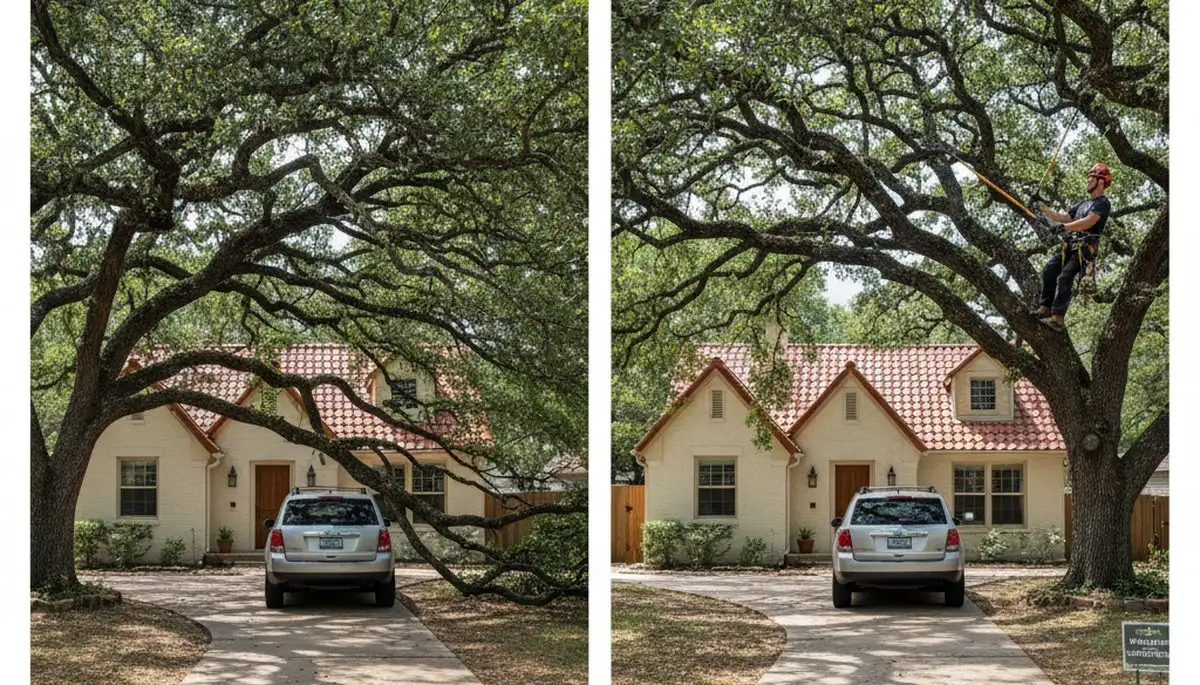 Arborist raising tree canopy for driveway clearance in Austin TX during professional tree trimming service