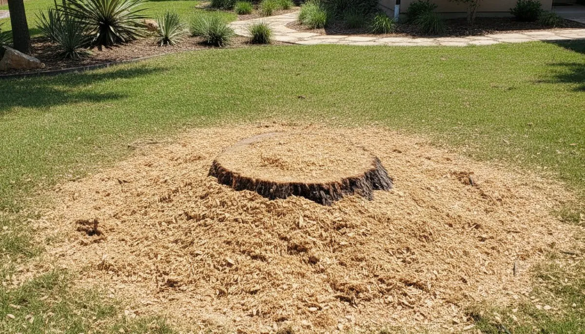 Finished stump grinding after tree removal in Austin, TX showing wood chips and leveled yard restoration