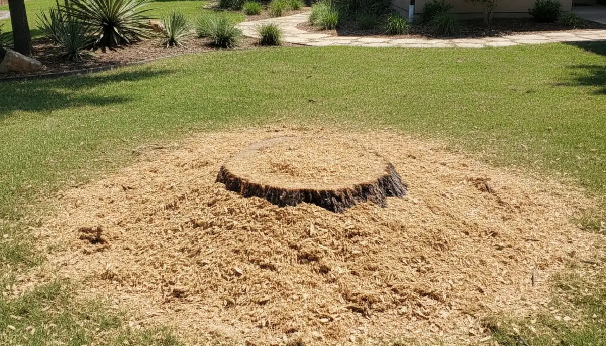 Finished stump grinding after tree removal in Austin, TX showing wood chips and leveled yard restoration