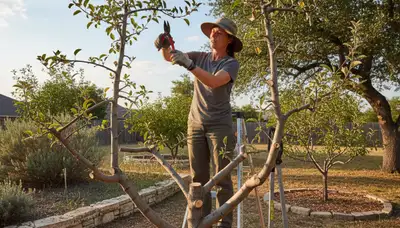 Arborist pruning fruit tree in Austin TX backyard orchard with professional tree service tools
