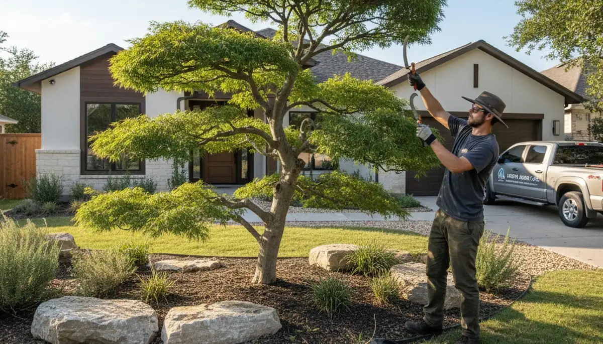 Arborist hand pruning ornamental Japanese maple for Austin, TX residential tree care and landscape shaping