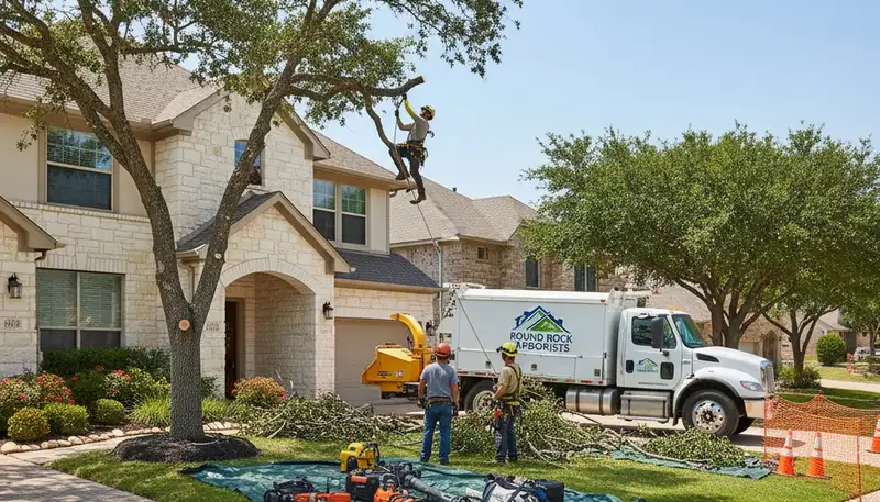 Residential tree removal crew trimming and clearing trees in Round Rock, TX yards for safety and curb appeal