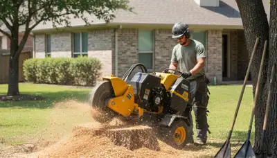 Professional stump grinding service removing tree stumps in Buda, Austin, TX for lawn restoration