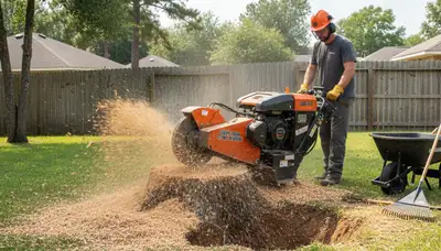 Professional stump grinding removing tree stumps in Cedar Creek, TX for lawn and landscape restoration