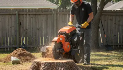 Professional stump grinding service removing tree stumps in Manchaca, Austin, TX yard