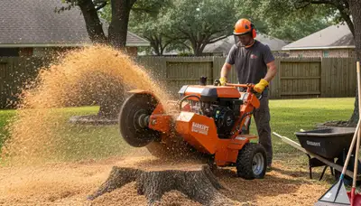 Professional stump grinding service removing tree stumps in Manor, Austin, TX yard