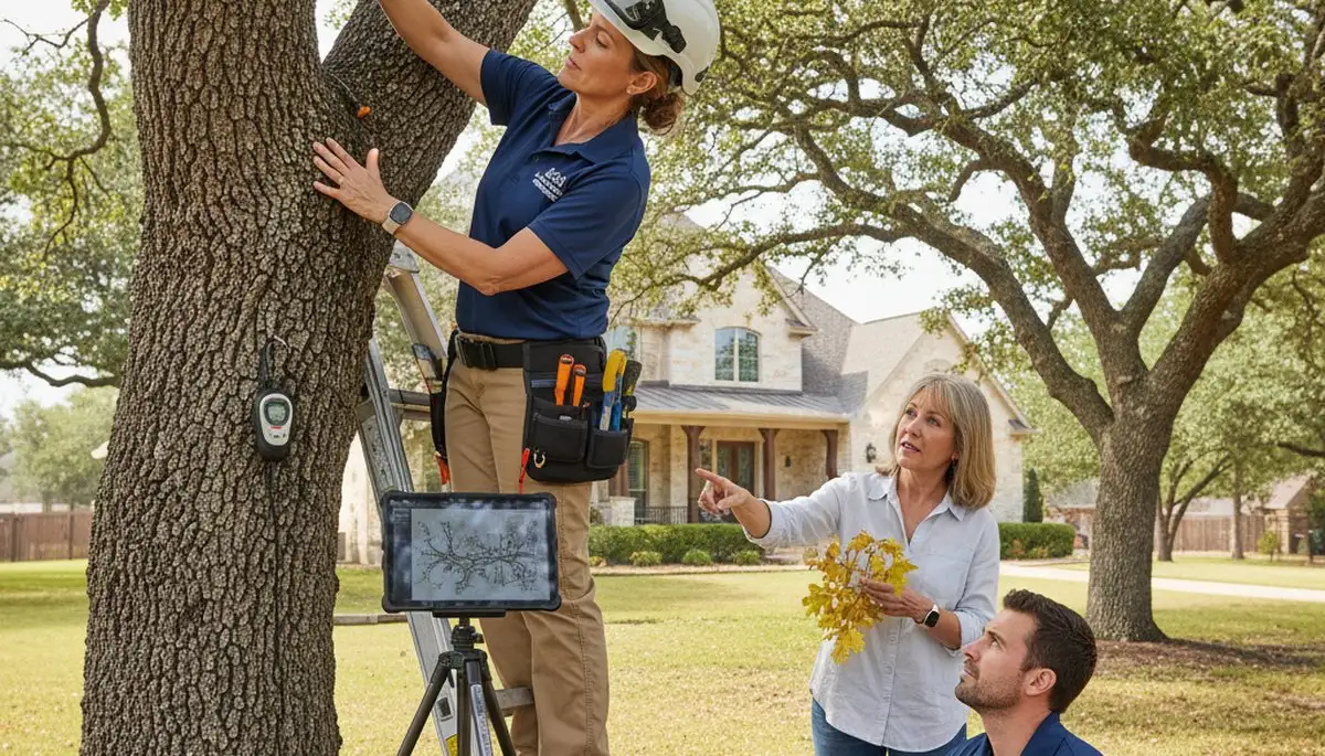 Certified arborist performing tree health assessment for homeowners in Buda, TX near Austin tree service