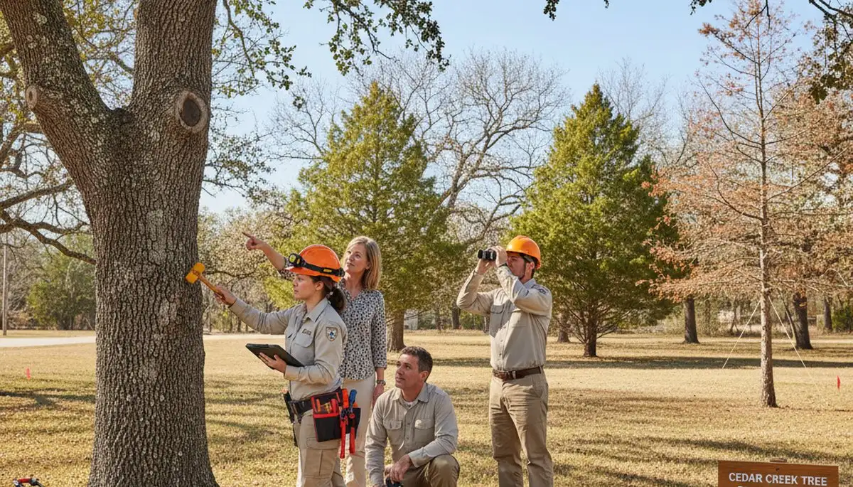Certified arborist performing tree health assessment in Cedar Creek, TX for Austin tree removal services