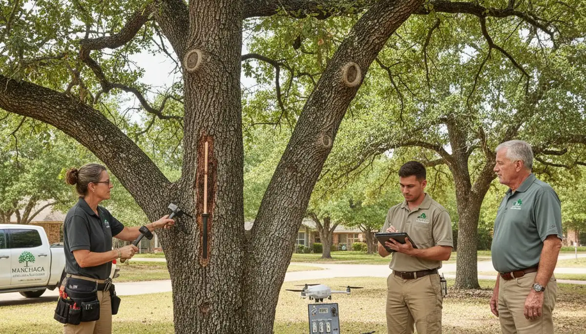 Certified arborist performing tree health assessment for homeowners in Manchaca, Austin, TX