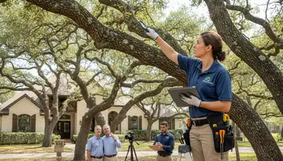 Certified arborist performing tree health assessment for Manor, TX homeowners near Austin tree service