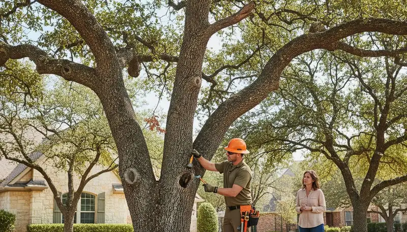 Certified arborist performing tree health assessment for homeowners in Round Rock, TX near Austin