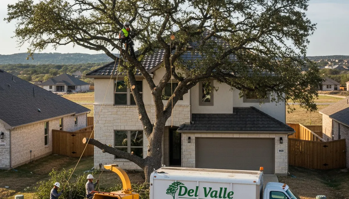 Professional tree removal service team in Austin TX safely cutting and clearing large oak tree