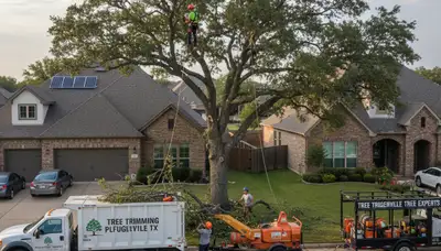 Professional tree removal service team in Austin TX safely cutting large oak tree
