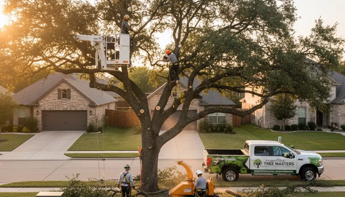 Professional tree removal service in Austin TX safely cutting and clearing large oak trees